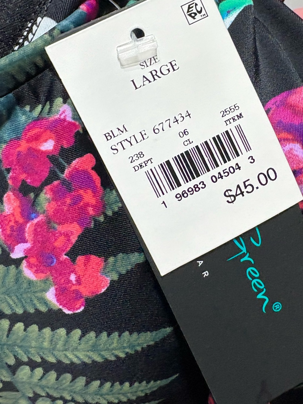 Aqua Green Black Swimsuit with Teal & Pink Floral Accent, Size L NWT - Picture 6 of 6